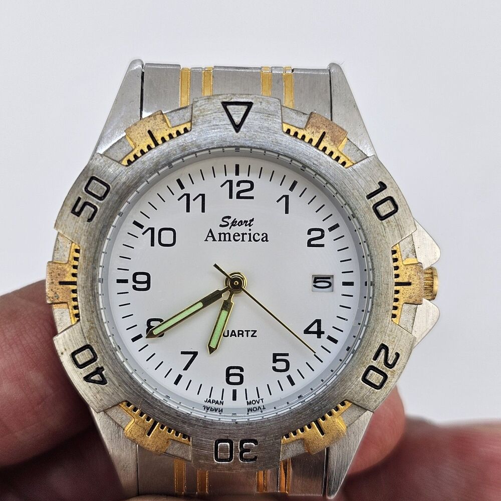 Men’s Sport America Watch 39MM White Dial Date Gold Gray Band 7.5" New Battery